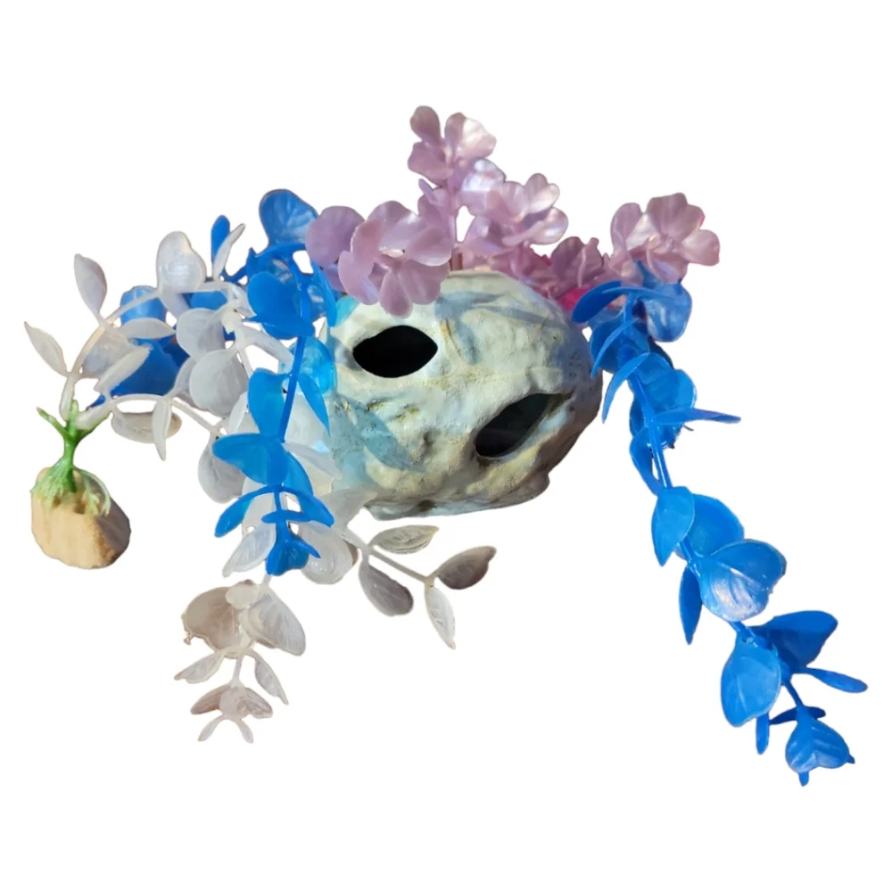 Vtg 4 Piece Aquarium Fish Tank Blue Ceramic Rock Cave Pink Heart Plant White
